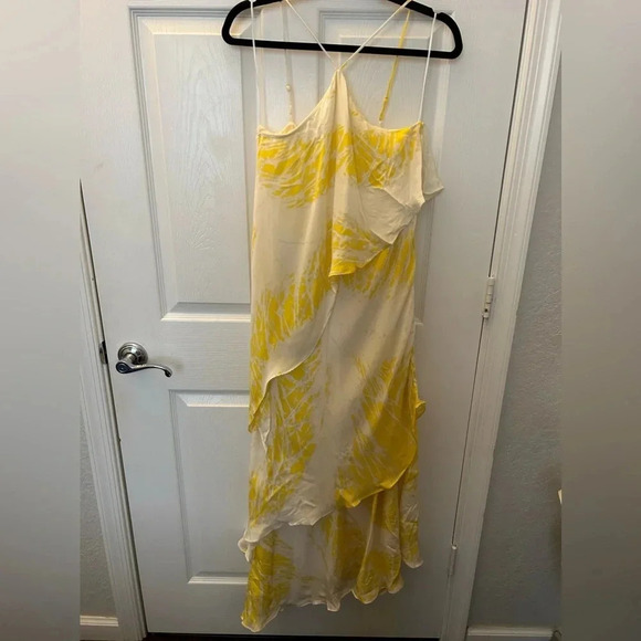 Halston Heritage Halter Asymmetrical Tiered Gown Dress Citron Yellow White - Picture 4 of 6